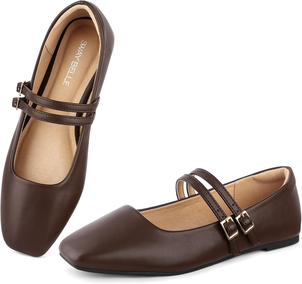 Womens Mary Jane Flats Double Straps Ballet Flats Slip On Casual Shoe | Adjustable Buckle, PU Leather, Breathable Lining, Square Toe Shoes for Women