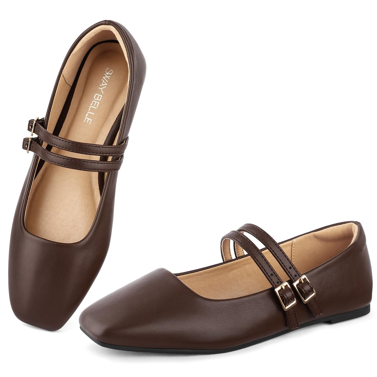Womens Mary Jane Flats Double Straps Ballet Flats Slip On Casual Shoe | Adjustable Buckle, PU Leather, Breathable Lining, Square Toe Shoes for Women