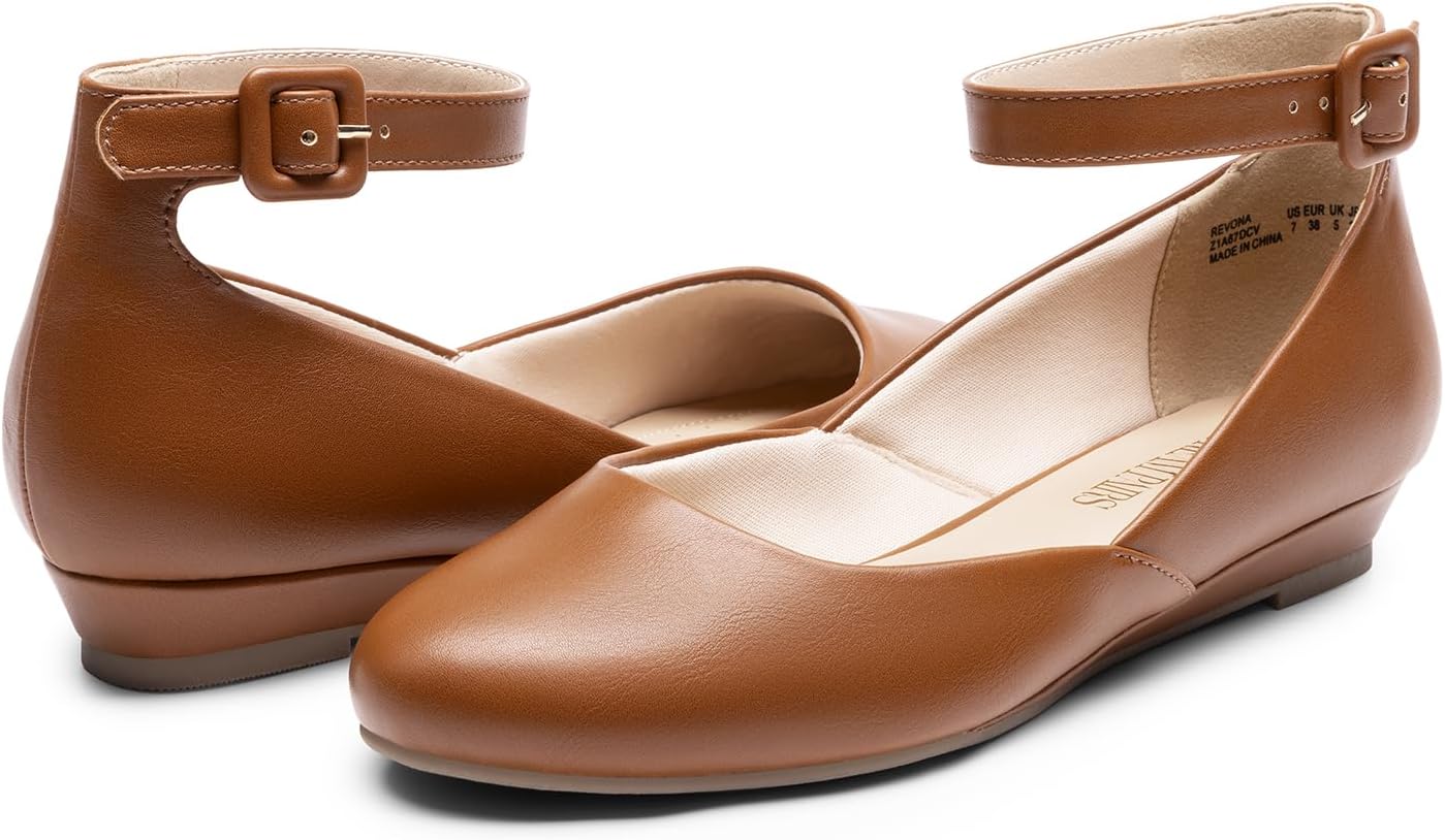 DREAM PAIRS Women's Dress Flats Ballet Low Wedge | Round Toe Flats, Ankle Strap, Comfortable Casual Flat Shoes
