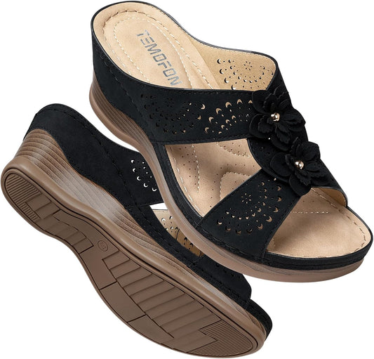 TEMOFON Womens Wedge Sandals Leather: Comfortable Walking Shoes Summer | Fit Wide Foot - Cute Style - Wear True Size 5-11