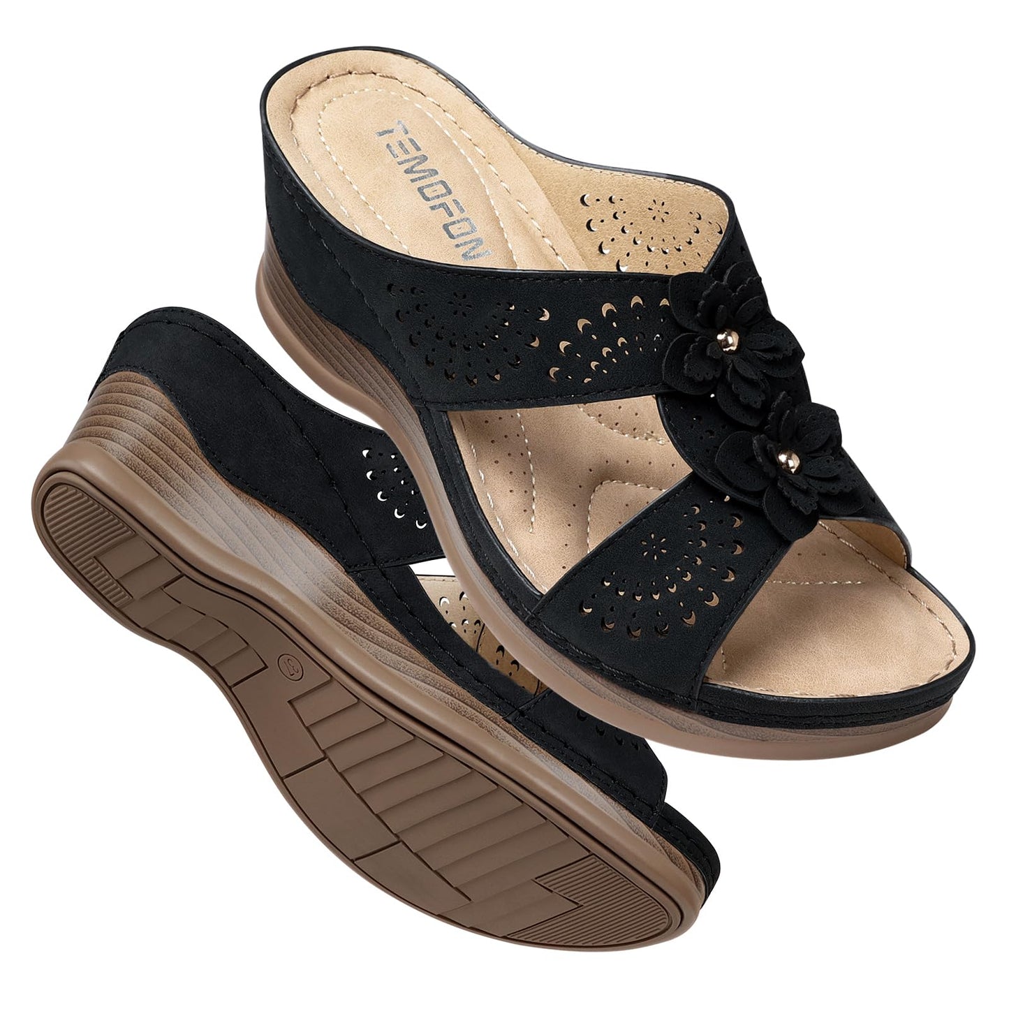 TEMOFON Womens Wedge Sandals Leather: Comfortable Walking Shoes Summer | Fit Wide Foot - Cute Style - Wear True Size 5-11