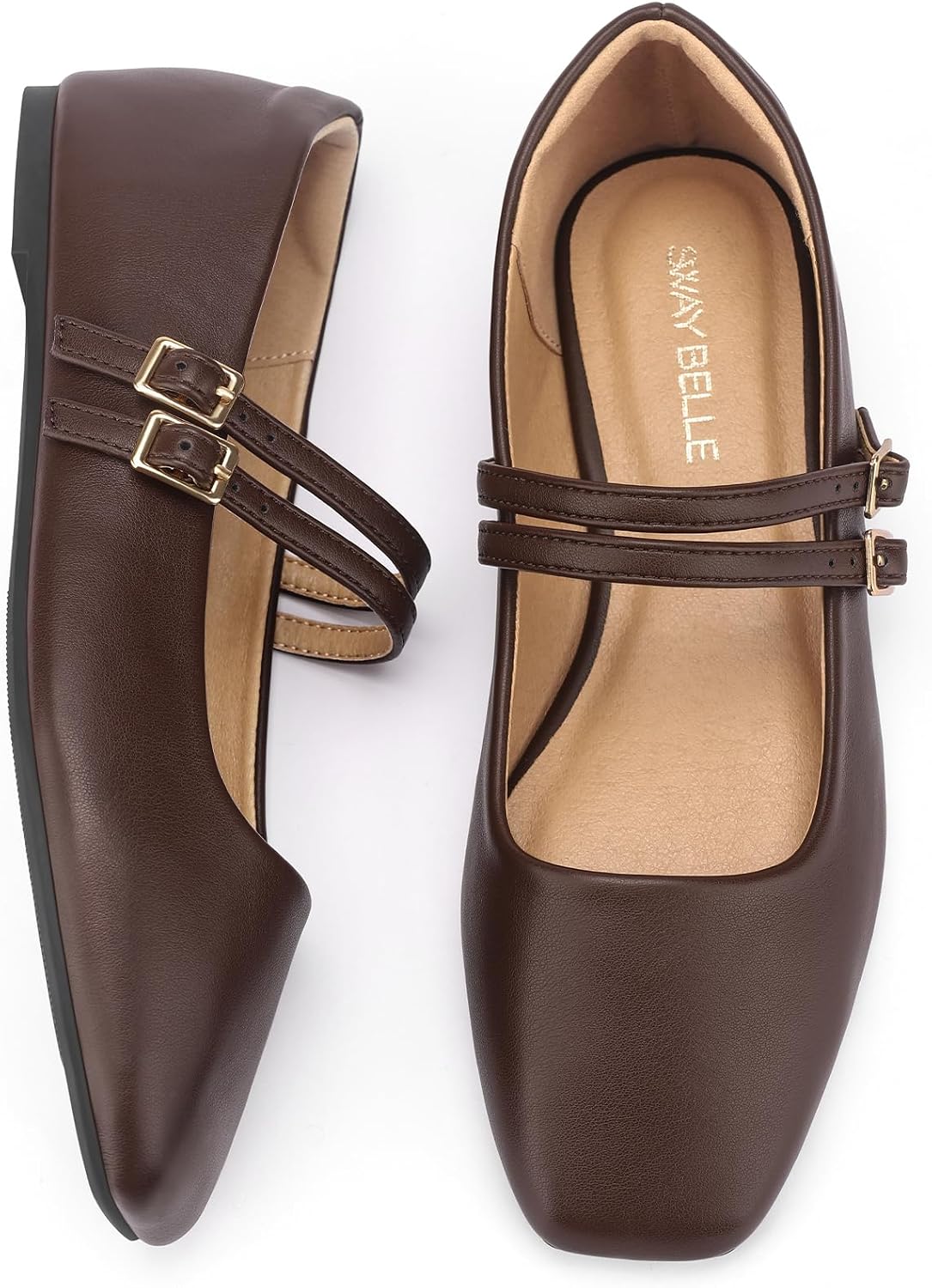 Womens Mary Jane Flats Double Straps Ballet Flats Slip On Casual Shoe | Adjustable Buckle, PU Leather, Breathable Lining, Square Toe Shoes for Women