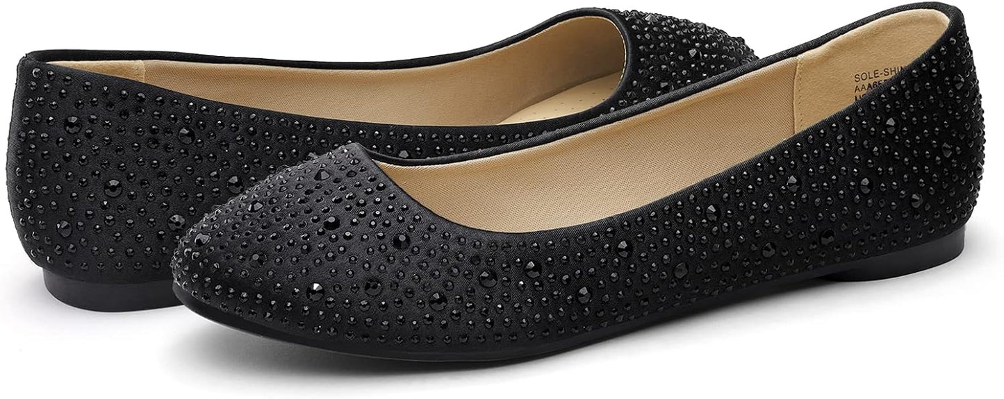 DREAM PAIRS Ballet Flats for Women Rhinestone Round Toe Slip-On Dressy Comfortable Shoes for Wedding Formal Prom Daily Work