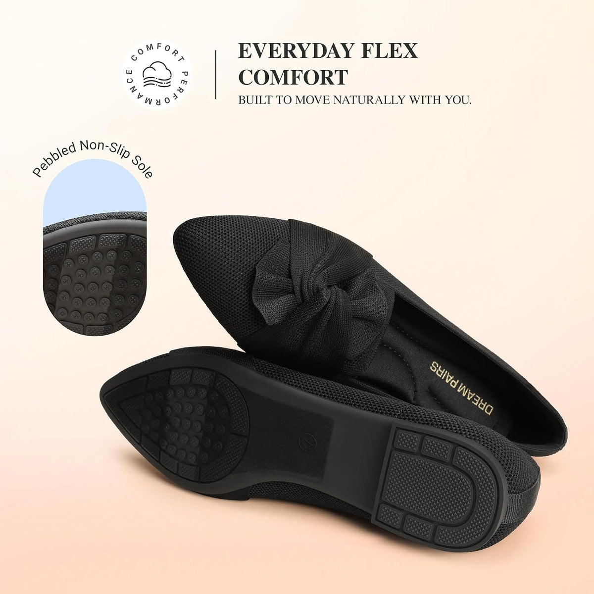 DREAM PAIRS Women's Foldable Bow Pointed Toe Ballet Flats | Soft Knit Upper, Cushioned Arch-support Insole, Easy to Carry, Comfort All-Day