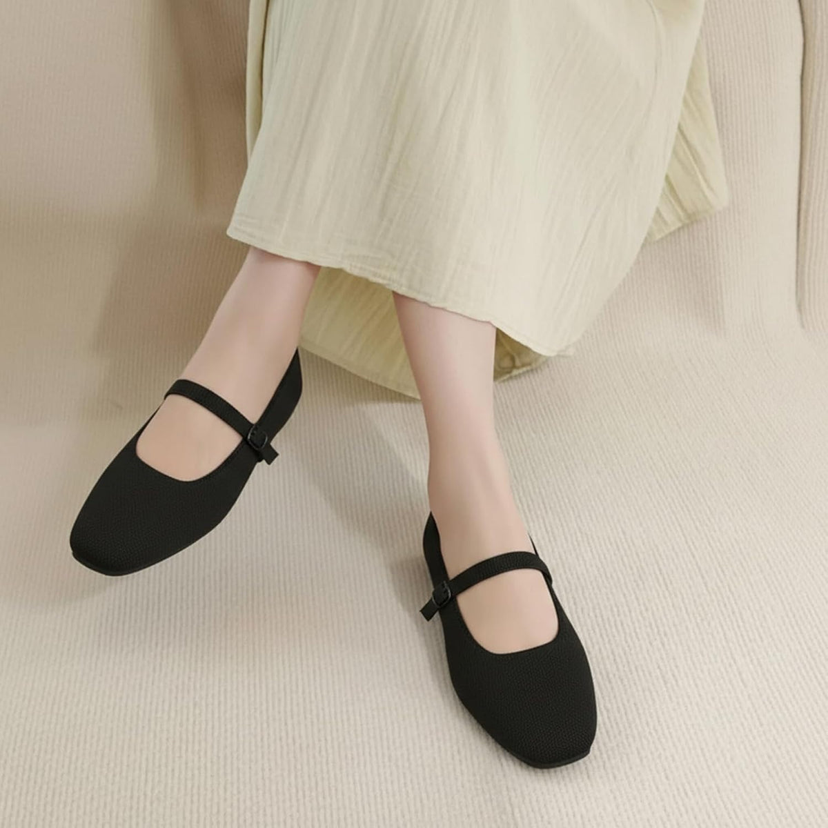 VUN Knit Flats for Women - Square Toe Ballet Flats with Adjustable Ankle Strap and Arch Support, Mary Jane Shoes for Dressy Office & Casual Comfort
