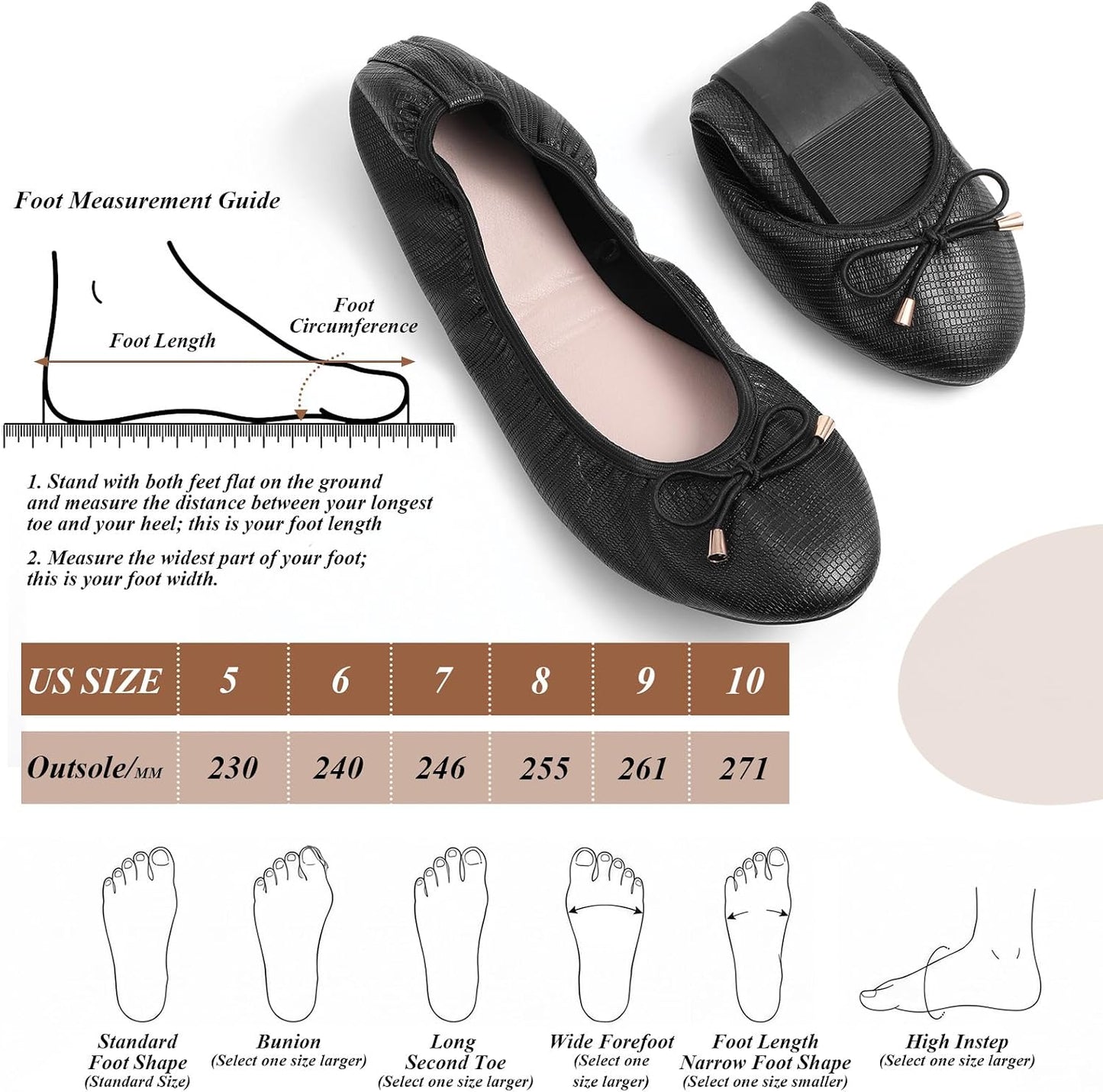 Black Foldable Flats for Women - Lightweight Slip-On Shoes with Bowknot - Travel Flats Foldable Shoes