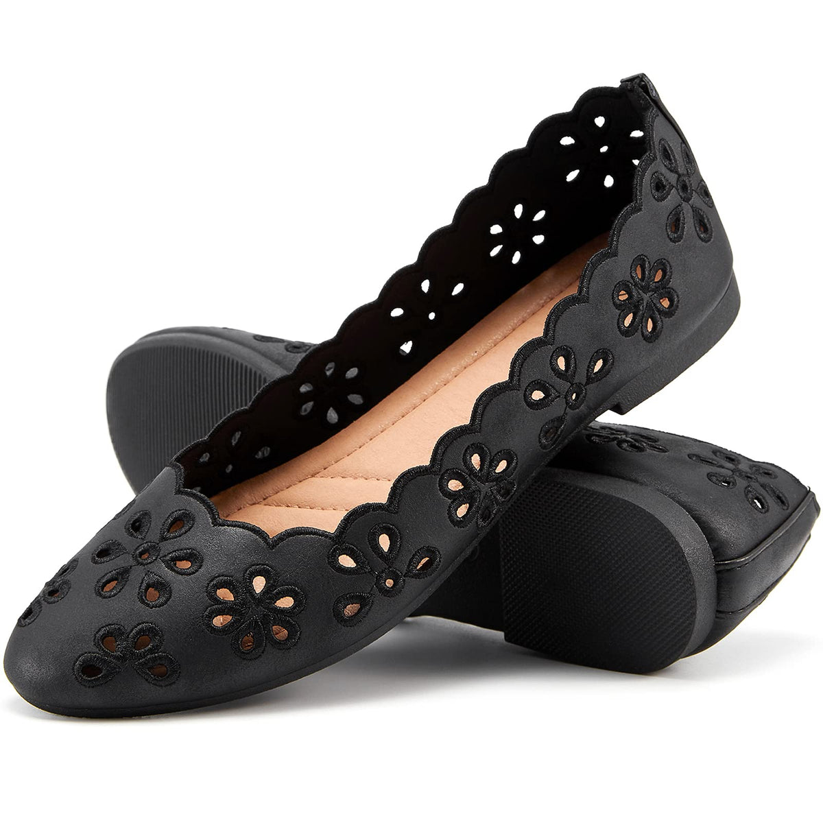FRACORA Women's Ballet Flats Black PU Leather Dress Shoes Comfortable Round Toe Slip on Flats with Breathable Eyelets