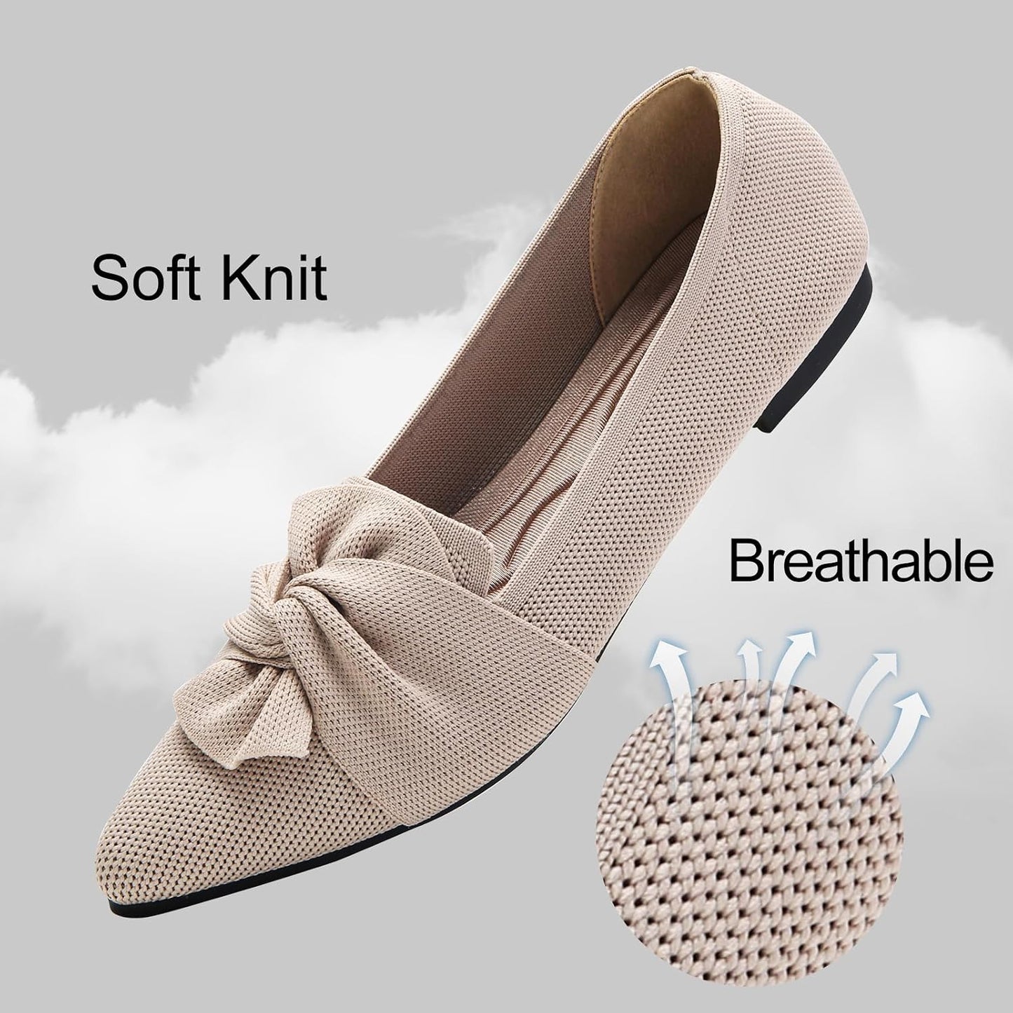HIULYCENCE Flats for Women Pointed Toe Ballet Flats | Comfortable Knit Breathable Dressy Casual Flats with Bow for Business Work Office Walking Flat Shoes