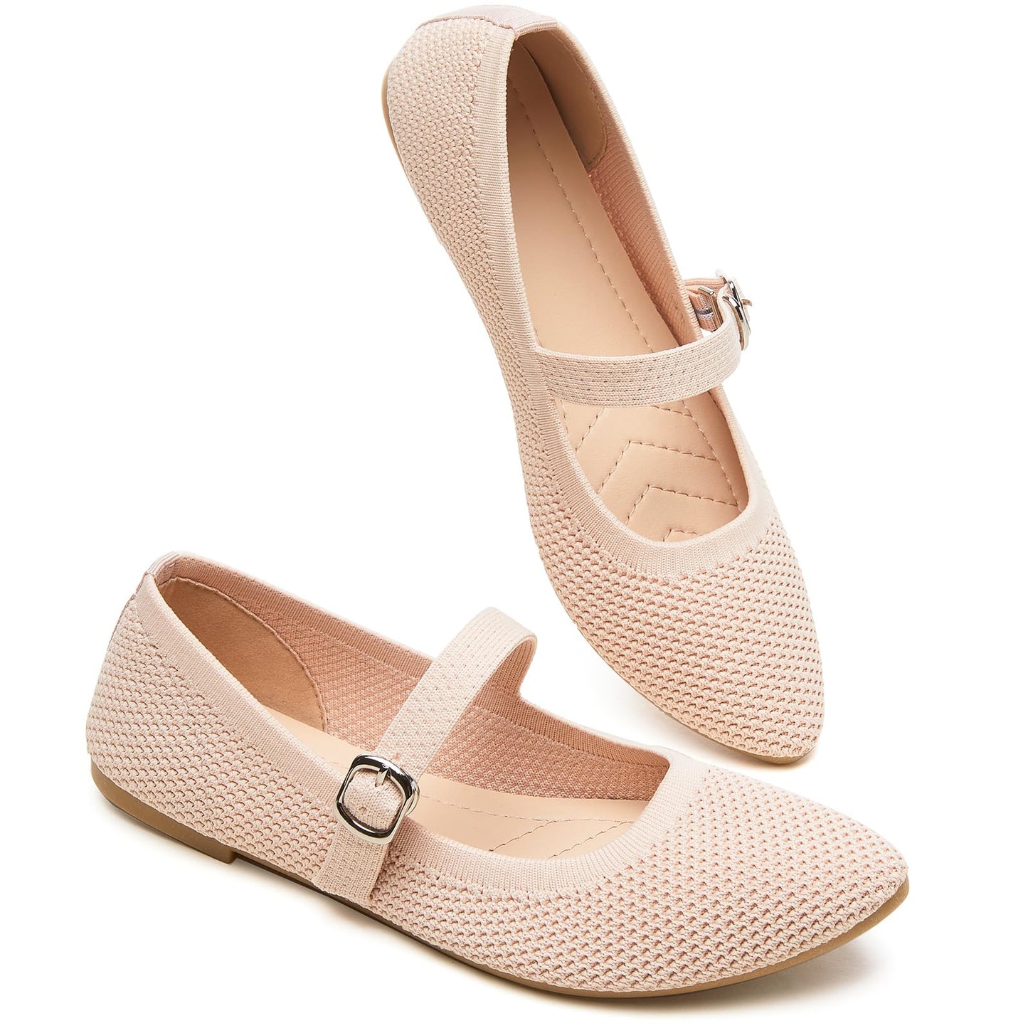 BABUDOG Mesh Ballet Flats for Women,Women's Mary Jane Flats with Buckle Strap,Black Nude Foldable Flats Shoes for Women,Comfortable Dress Shoes