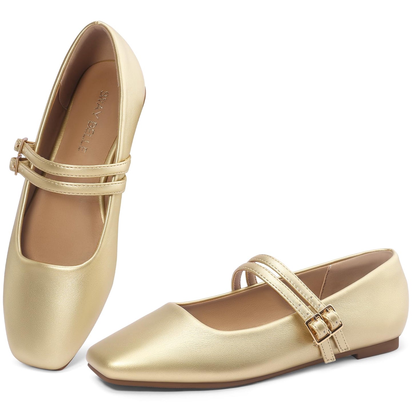 Womens Mary Jane Flats Double Straps Ballet Flats Slip On Casual Shoe | Adjustable Buckle, PU Leather, Breathable Lining, Square Toe Shoes for Women