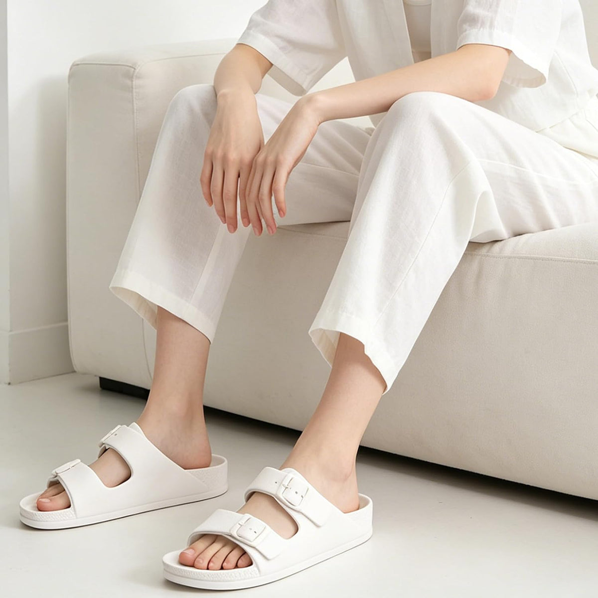 FUNKYMONKEY Women's Comfort Slides Non-Slip Lightweight Flat Beach Sandals | Adjustable Buckle Plastic Sandals with Arch Support, Waterproof Non-Slip Summer Slippers for Pool, Shower & Daily Wear