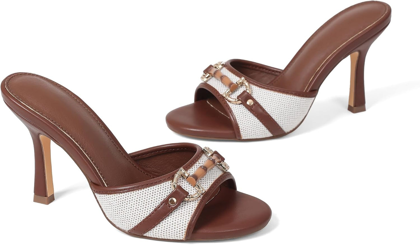 AOSPHIRAYLIAN High Heels Brown Heels for Women Open Toe Kitten Heel Sandals | Unique Buckle·Comfy Padded·Round Toe·3.3" Heel Height·Leather Upper·Peep Toe·Lightweight —Summer, Wedding, Party to Office