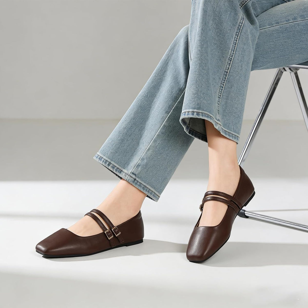 Womens Mary Jane Flats Double Straps Ballet Flats Slip On Casual Shoe | Adjustable Buckle, PU Leather, Breathable Lining, Square Toe Shoes for Women