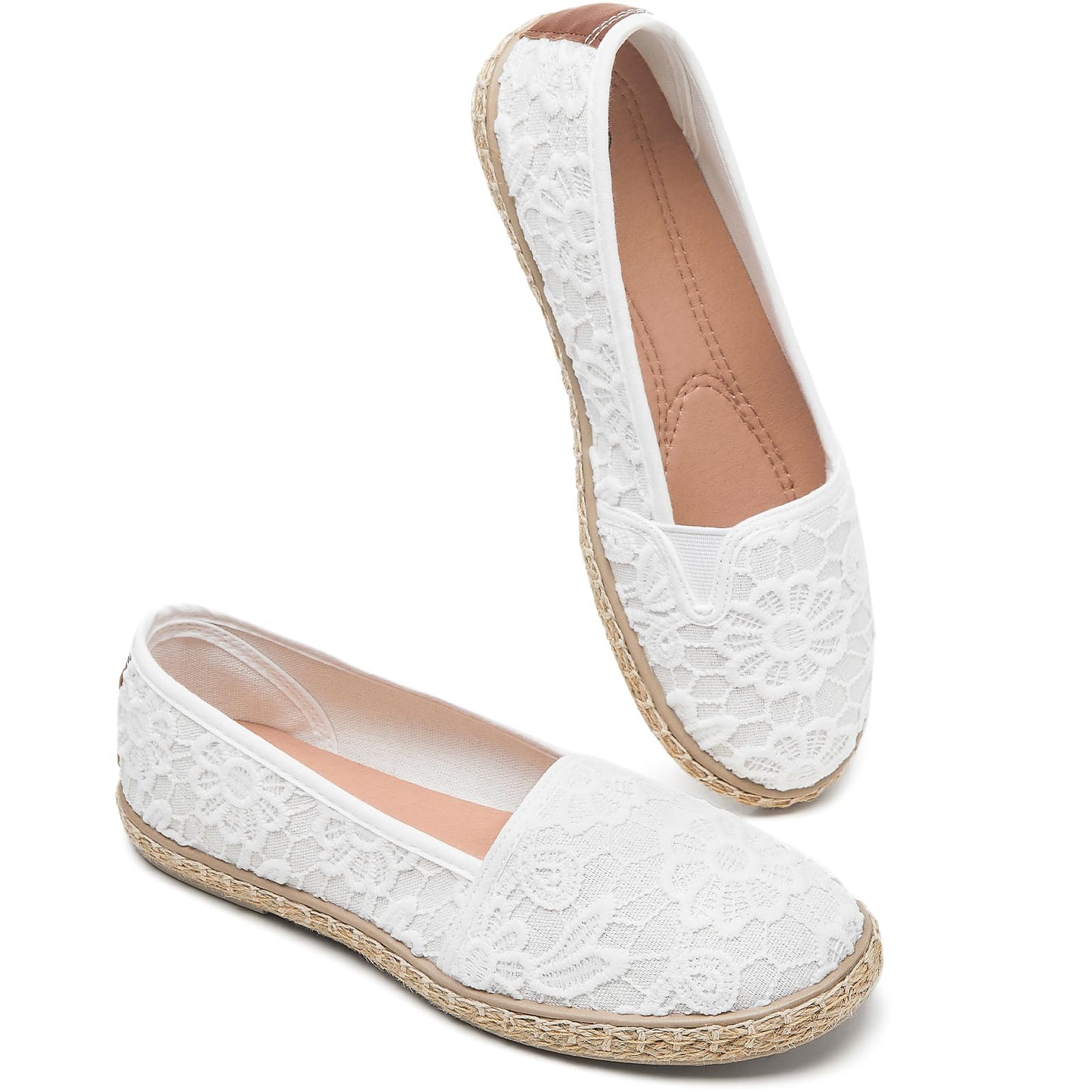 BABUDOG Women's Flats with Flower Embroideried,White Lace Ballet Flats,Comfortable Dress Flats