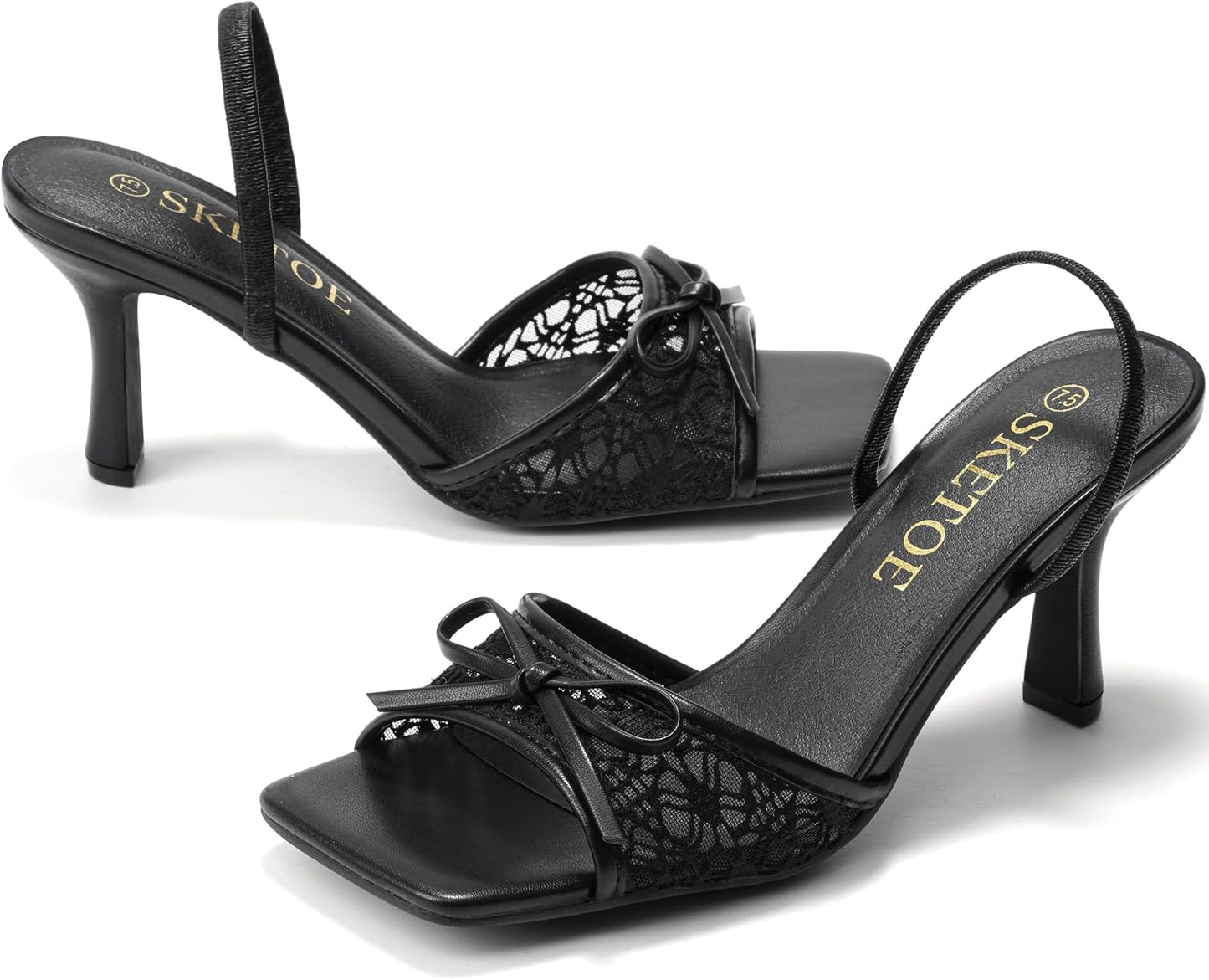 Bow Kitten Heels for Women Square Toe Mesh Sandals Knots Heels for Wedding Party