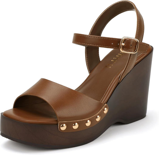 IDIFU IN4 Wedge Sandals for Women Platform Wedge Heels Square Open Toe Dressy Wedges Comfortable Summer Beach Vacation Sandals