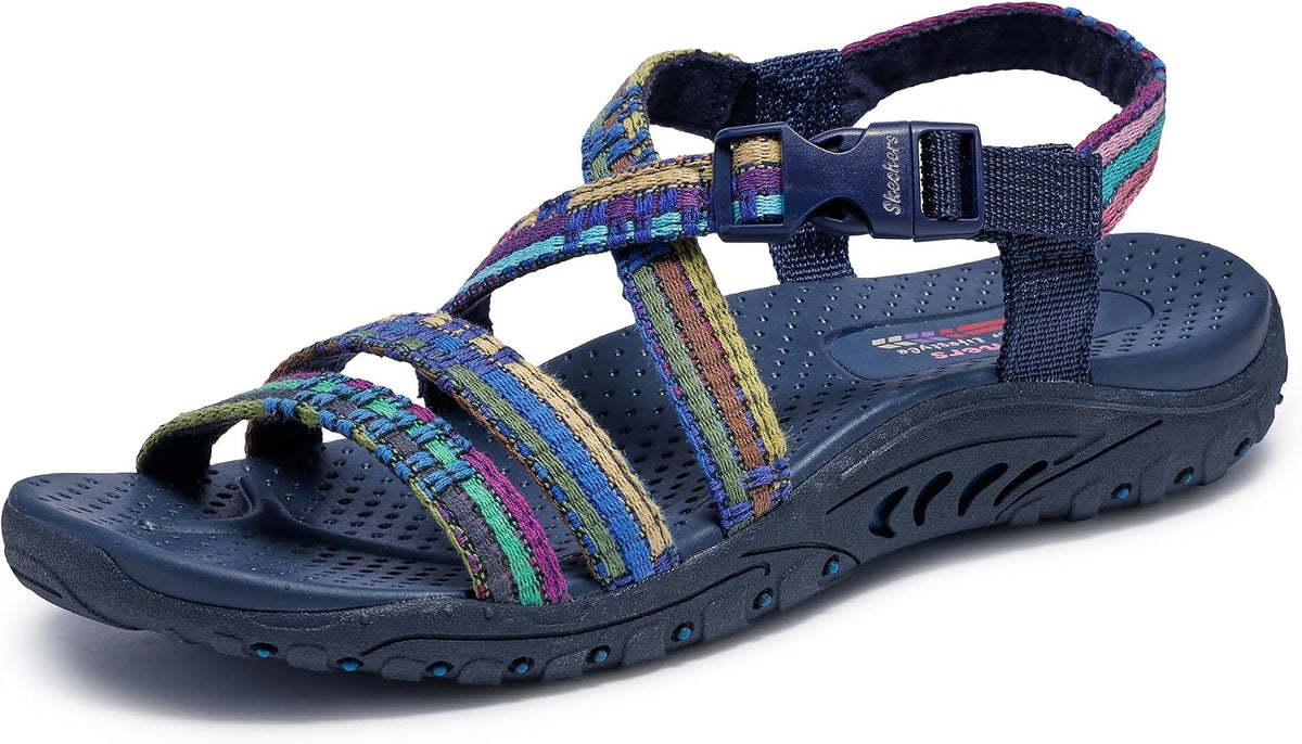 Skechers Women's Reggae Sew Me Boho Slingback Sandal | Machine Washable, Vegan, Arch Support Footbed, Woven Nylon Upper, Adjustable Buckle Strap