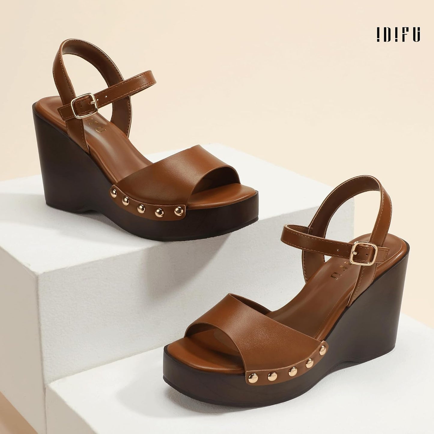 IDIFU IN4 Wedge Sandals for Women Platform Wedge Heels Square Open Toe Dressy Wedges Comfortable Summer Beach Vacation Sandals