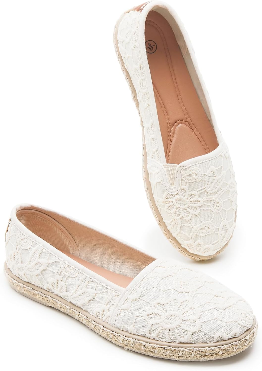 BABUDOG Women's Flats with Flower Embroideried,White Lace Ballet Flats,Comfortable Dress Flats