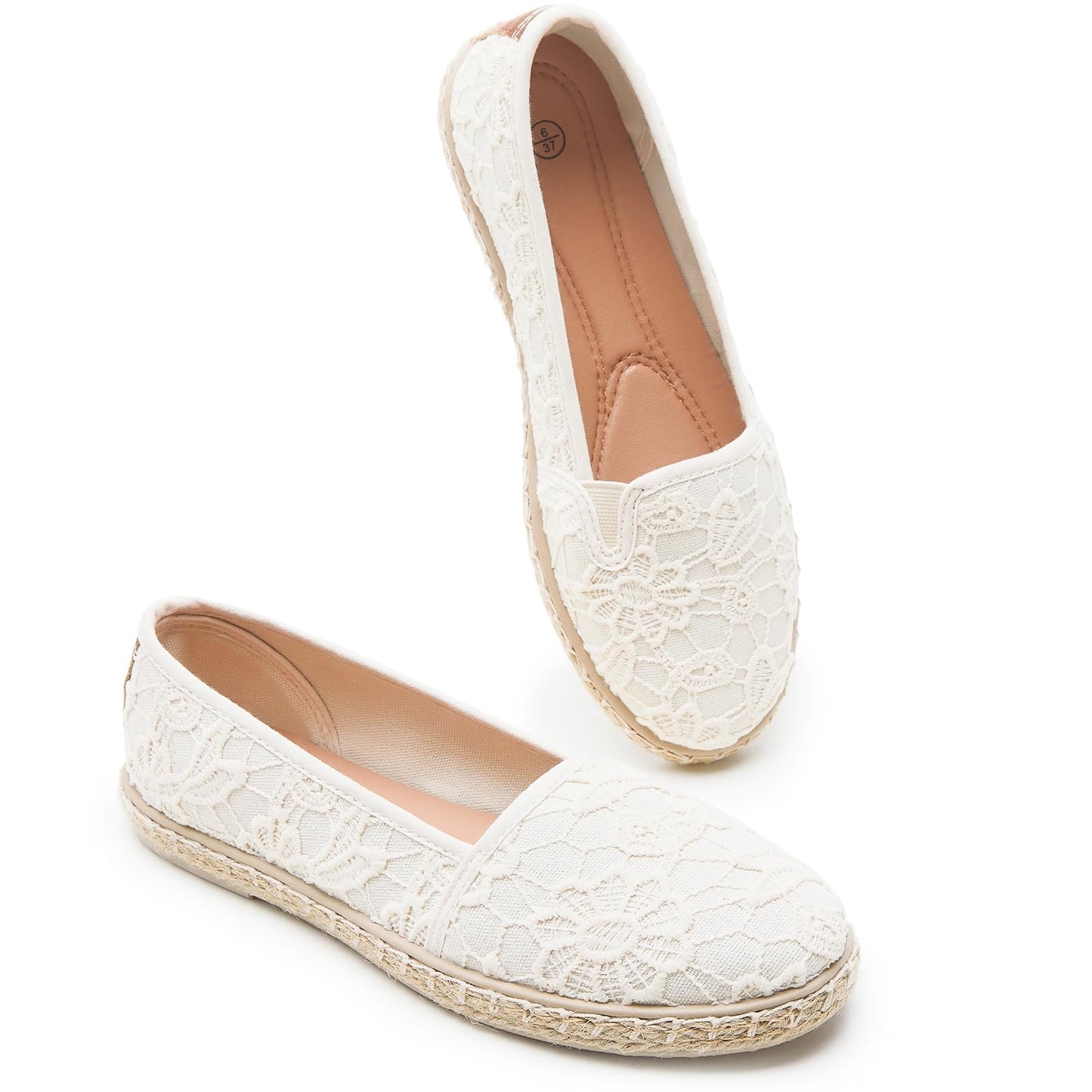 BABUDOG Women's Flats with Flower Embroideried,White Lace Ballet Flats,Comfortable Dress Flats