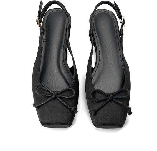 Women's Ballet Flats Slingbacks Square Toe Bow Knit Dressy Flat Shoes with Ankle Buckles Satin
