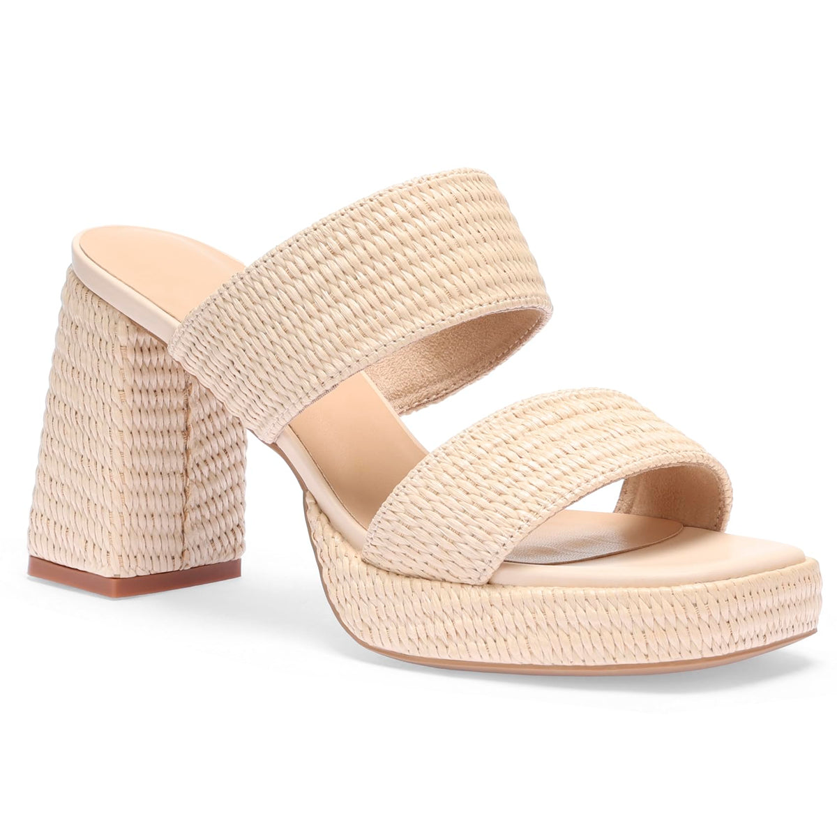 Women's Raffia Platform Heels Block Heeled Sandals Summer Beach Woven Chunky Slip On Casual Vacation