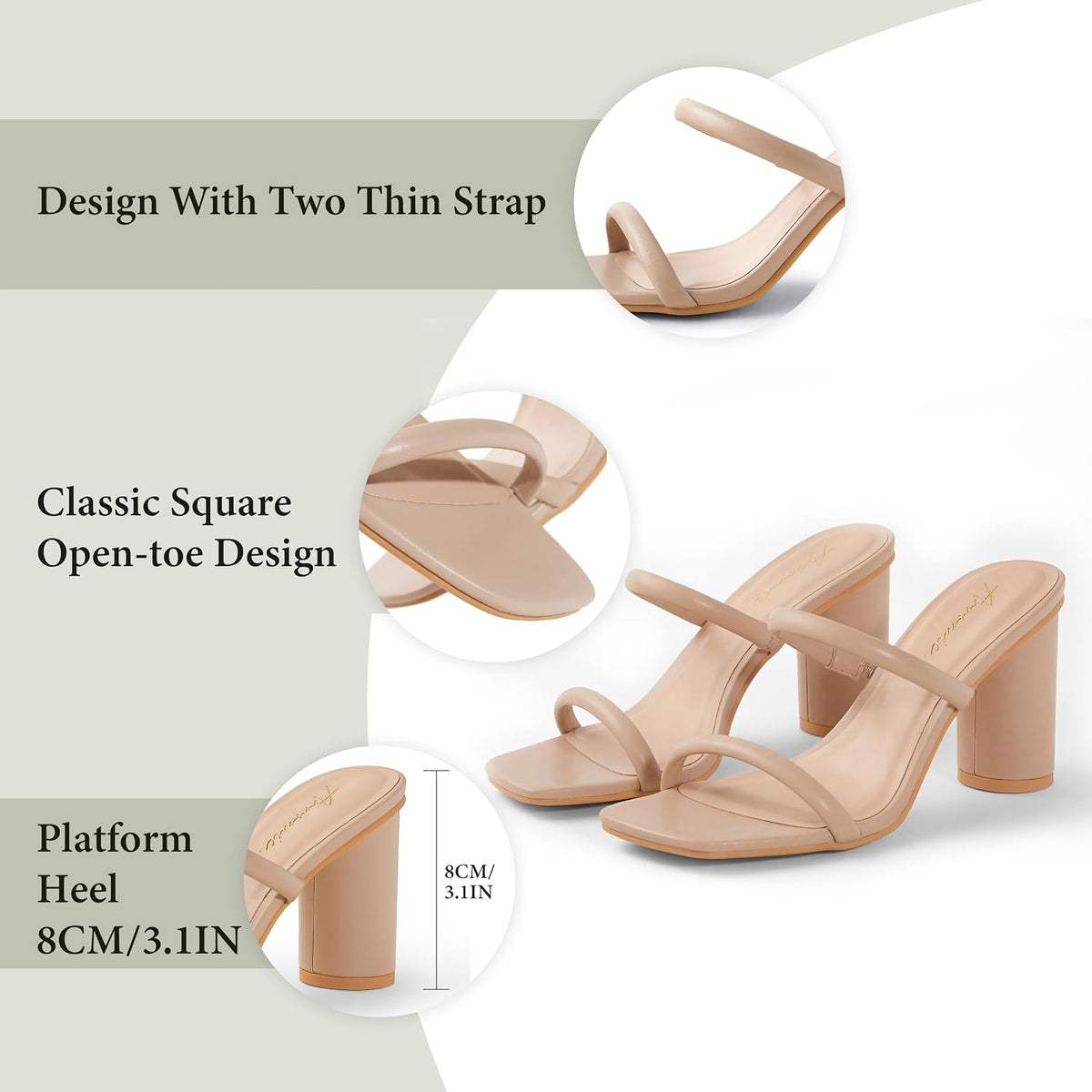 Arromic Square Open Toe Heels for Women Two Strap Heeled Chunky Sandals Strappy Round Heels Party Dressy Shoes