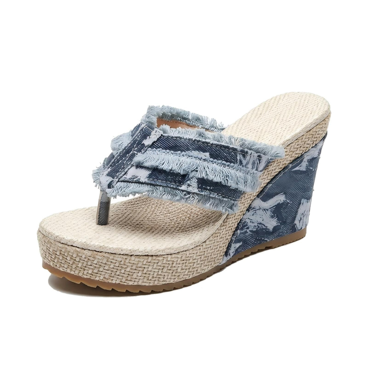 Denim Wedge Slide Mules with Double Buckle Espadrille Platform for Women | Frayed Trim Wide Band Open Toe Slip-On Sandals with Adjustable Hardware Cushioned Comfort for Beach Vacation Daily Wear