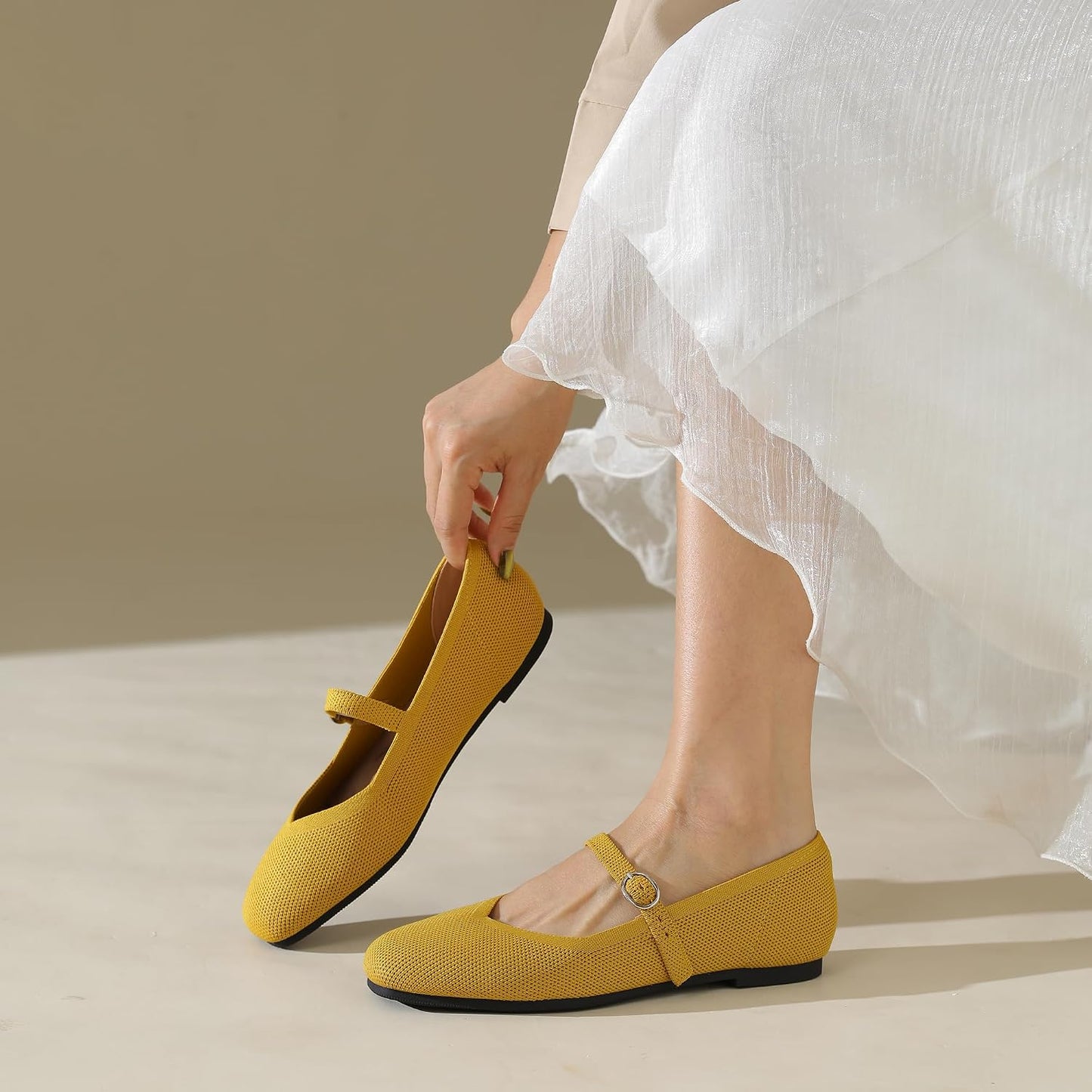 Knit Flats for Women Square Toe Casual Ballet Flat Shoes with Ankle Strap Washable Comfortable Formal Mary Jane Flat Shoes