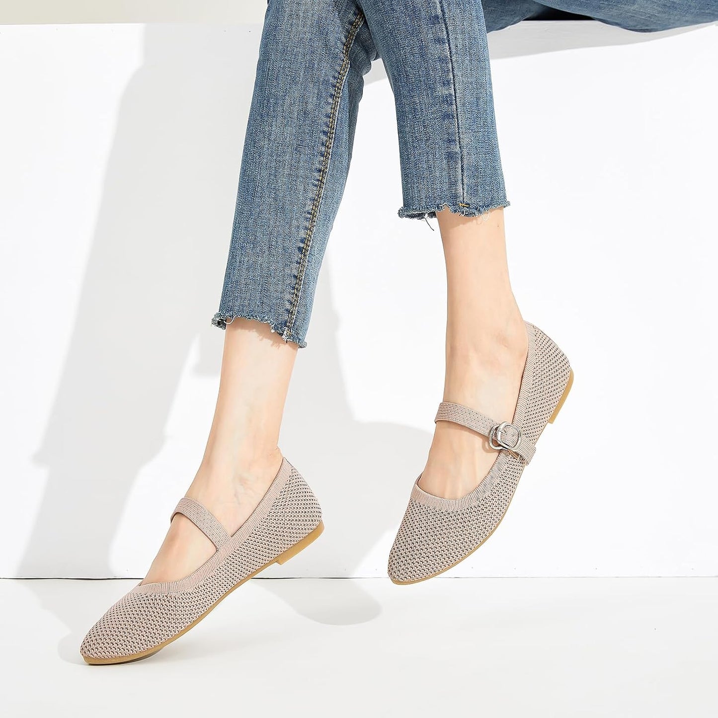 BABUDOG Mesh Ballet Flats for Women,Women's Mary Jane Flats with Buckle Strap,Black Nude Foldable Flats Shoes for Women,Comfortable Dress Shoes
