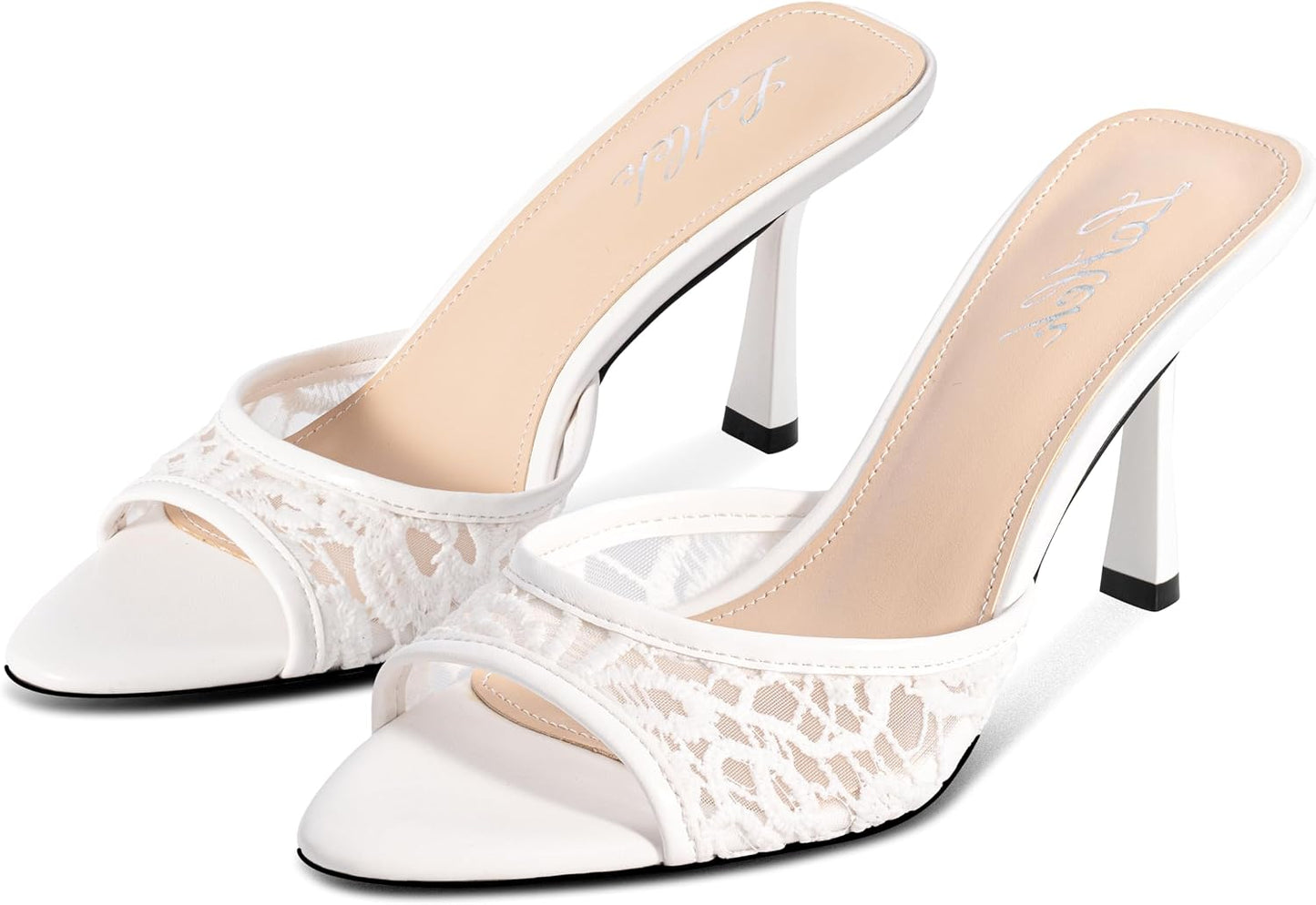 Women's Kitten Heels Open Toe Mules Heels Slip On Lace Heeled Sandals Summer Dress Shoes for Party Wedding