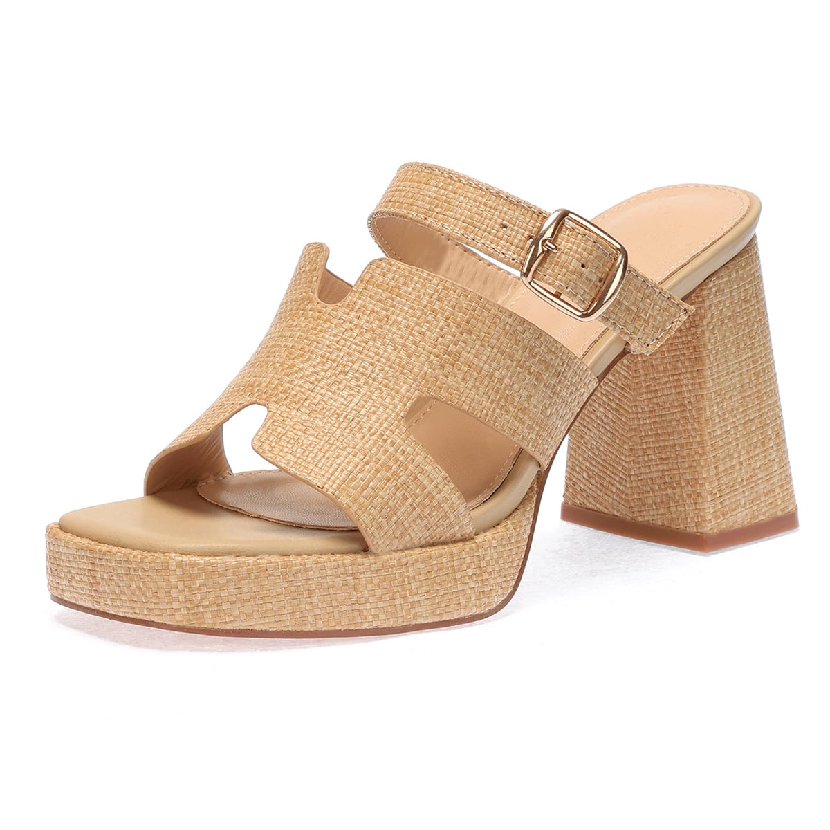 Monrovia Raffia Platform Heels for Women – Chunky Block Open Toe Woven Slides, Natural Straw Summer Dressy Vacation Sandals, Comfortable Heeled Slip On Mules