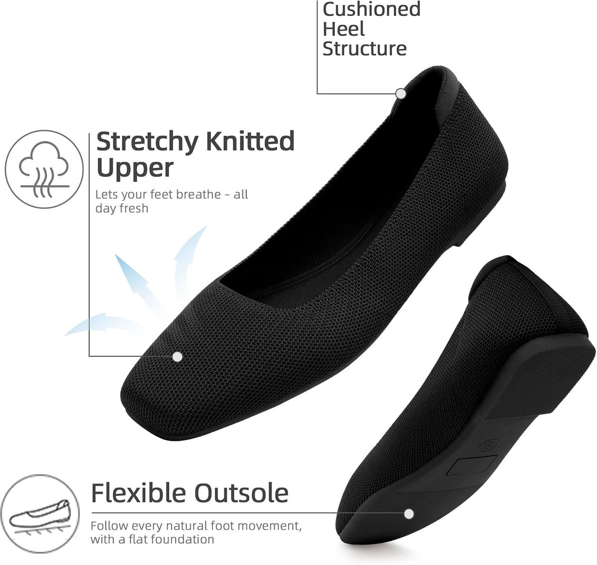 Soesyi Women's Mary Jane Ballet Flats Washable Knit Shoes Comfortable for Dressy Office Casual Walking Slip-on Square Toe Flats