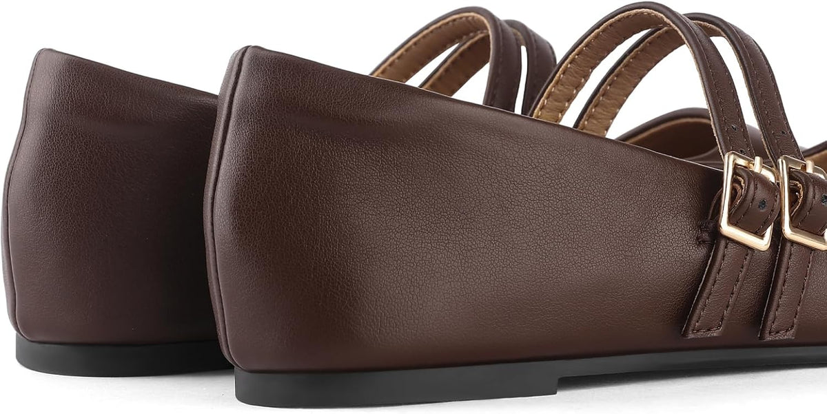 Womens Mary Jane Flats Double Straps Ballet Flats Slip On Casual Shoe | Adjustable Buckle, PU Leather, Breathable Lining, Square Toe Shoes for Women