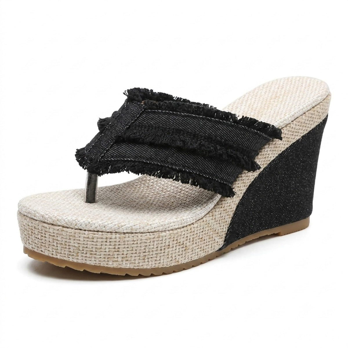 Denim Wedge Slide Mules with Double Buckle Espadrille Platform for Women | Frayed Trim Wide Band Open Toe Slip-On Sandals with Adjustable Hardware Cushioned Comfort for Beach Vacation Daily Wear