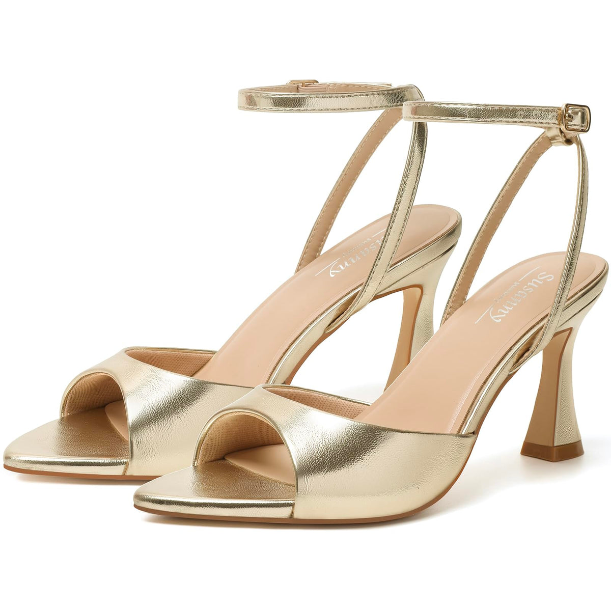Susanny High Heels for Women Pointed Open Toe Strappy Chunky Block Heels Ankle Strap Stiletto Kitten Heeled Sandals Wedding Bridal Party Prom Sexy Dress Shoes
