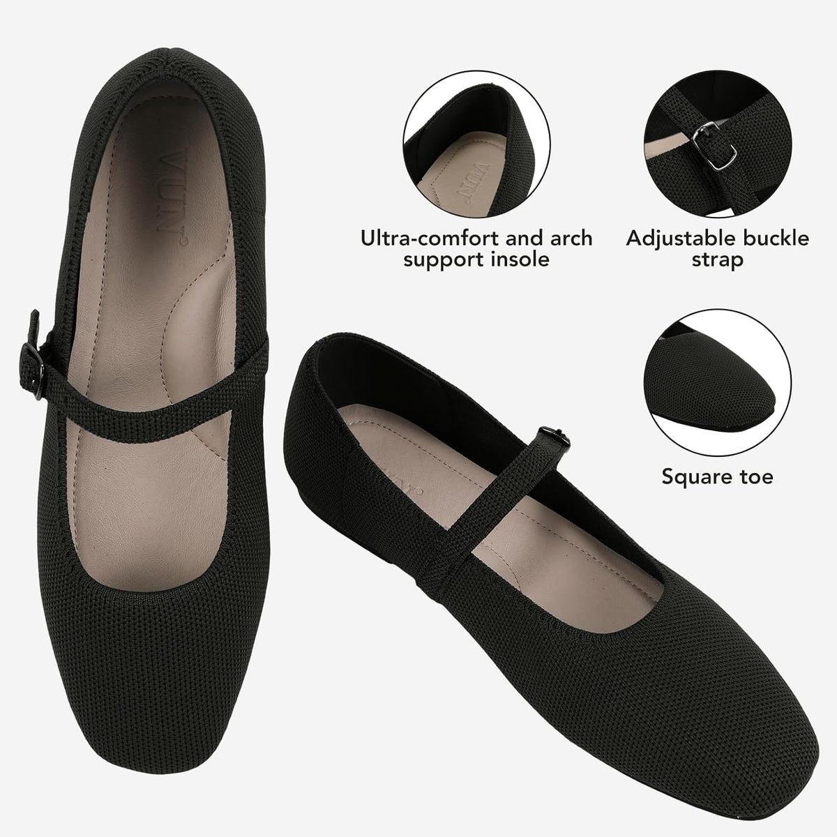 VUN Knit Flats for Women - Square Toe Ballet Flats with Adjustable Ankle Strap and Arch Support, Mary Jane Shoes for Dressy Office & Casual Comfort