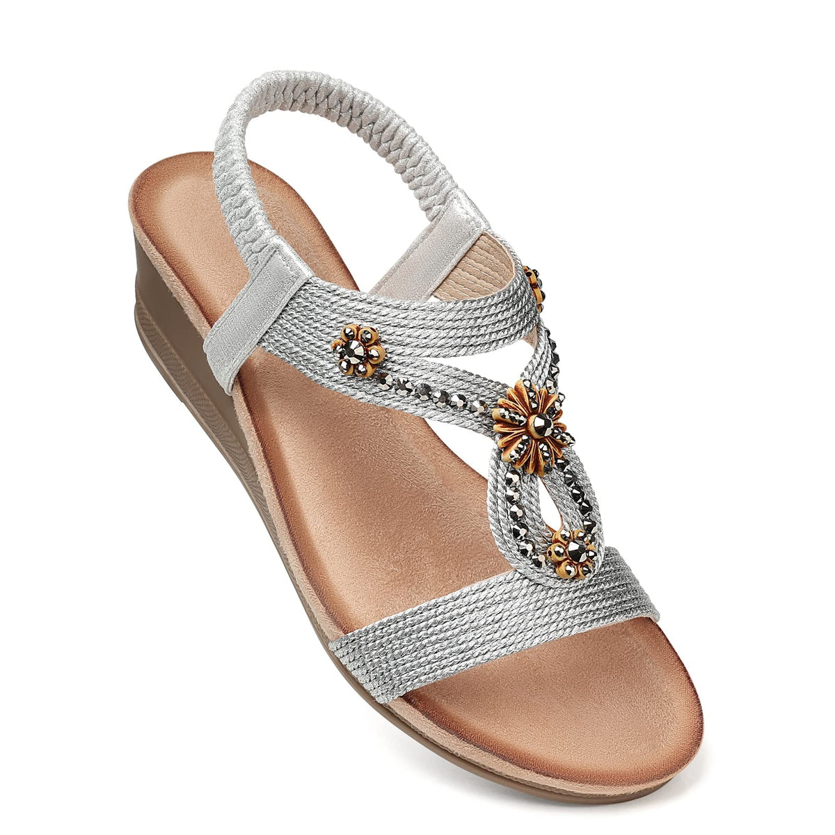 SHIBEVER Womens Wedge Sandals Dressy: Comfortable Low Heels Sandals Summer | Elastic Back Strap, Open Toe, with Cushioning, Arch Support Casual Dress Shoes for Walking Beach Travel Vacation Size 5-12