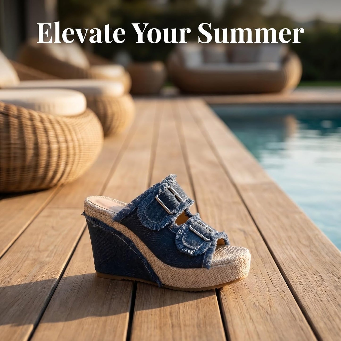 Denim Wedge Slide Mules with Double Buckle Espadrille Platform for Women | Frayed Trim Wide Band Open Toe Slip-On Sandals with Adjustable Hardware Cushioned Comfort for Beach Vacation Daily Wear