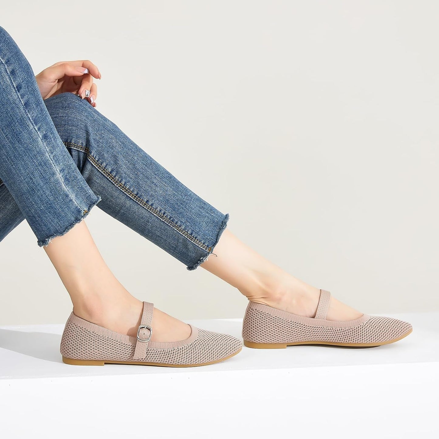 BABUDOG Mesh Ballet Flats for Women,Women's Mary Jane Flats with Buckle Strap,Black Nude Foldable Flats Shoes for Women,Comfortable Dress Shoes