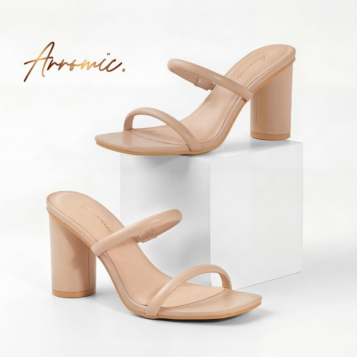 Arromic Square Open Toe Heels for Women Two Strap Heeled Chunky Sandals Strappy Round Heels Party Dressy Shoes