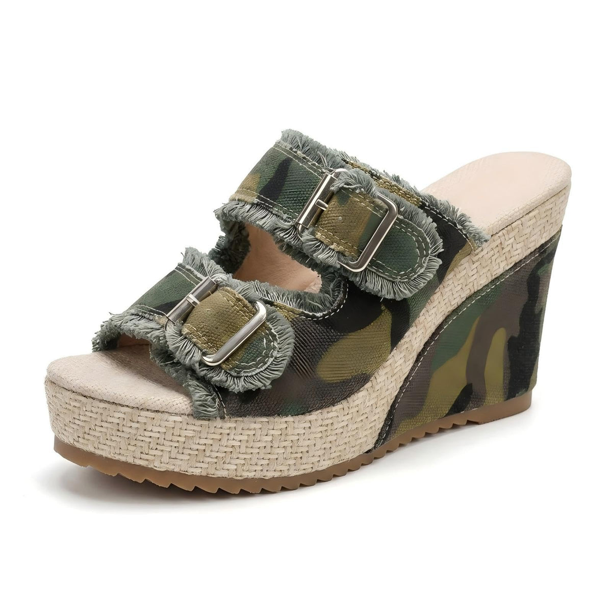 Denim Wedge Slide Mules with Double Buckle Espadrille Platform for Women | Frayed Trim Wide Band Open Toe Slip-On Sandals with Adjustable Hardware Cushioned Comfort for Beach Vacation Daily Wear
