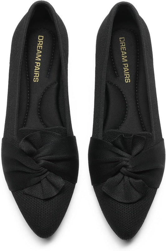 DREAM PAIRS Women's Foldable Bow Pointed Toe Ballet Flats | Soft Knit Upper, Cushioned Arch-support Insole, Easy to Carry, Comfort All-Day