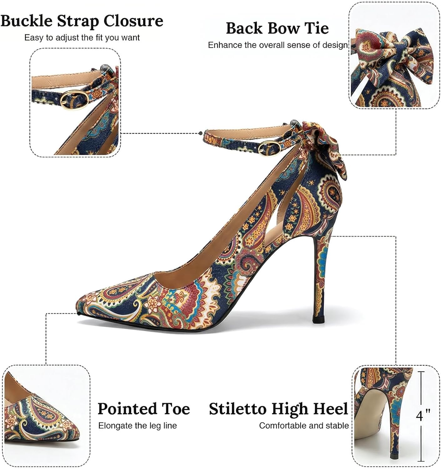 Women's Pointed Toe Bow Tie High Heels Ankle Strap Wedding Pumps | Closed Toe 4 Inches Stiletto High Heels Sexy Dress Shoes for Vacation Festival Party Office Work and Daily Wear