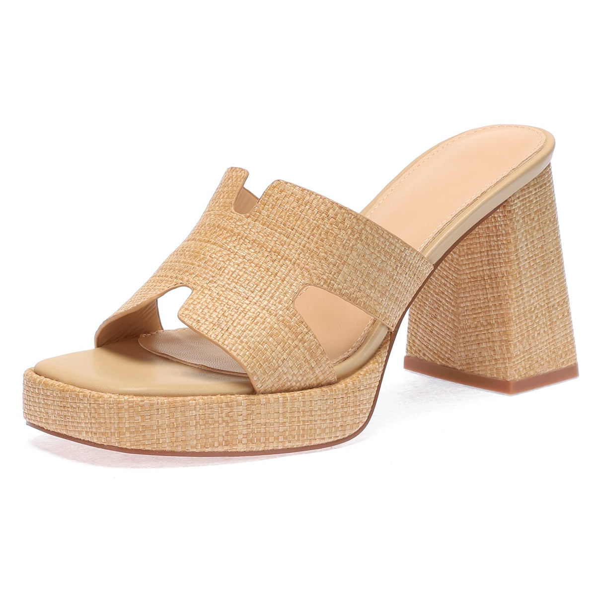 Monrovia Raffia Platform Heels for Women – Chunky Block Open Toe Woven Slides, Natural Straw Summer Dressy Vacation Sandals, Comfortable Heeled Slip On Mules