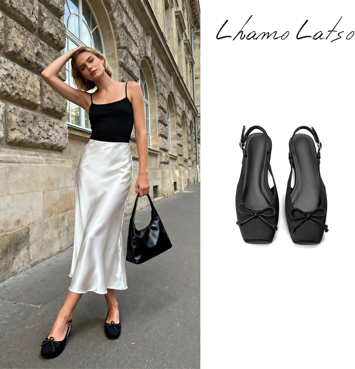 Women's Ballet Flats Slingbacks Square Toe Bow Knit Dressy Flat Shoes with Ankle Buckles Satin