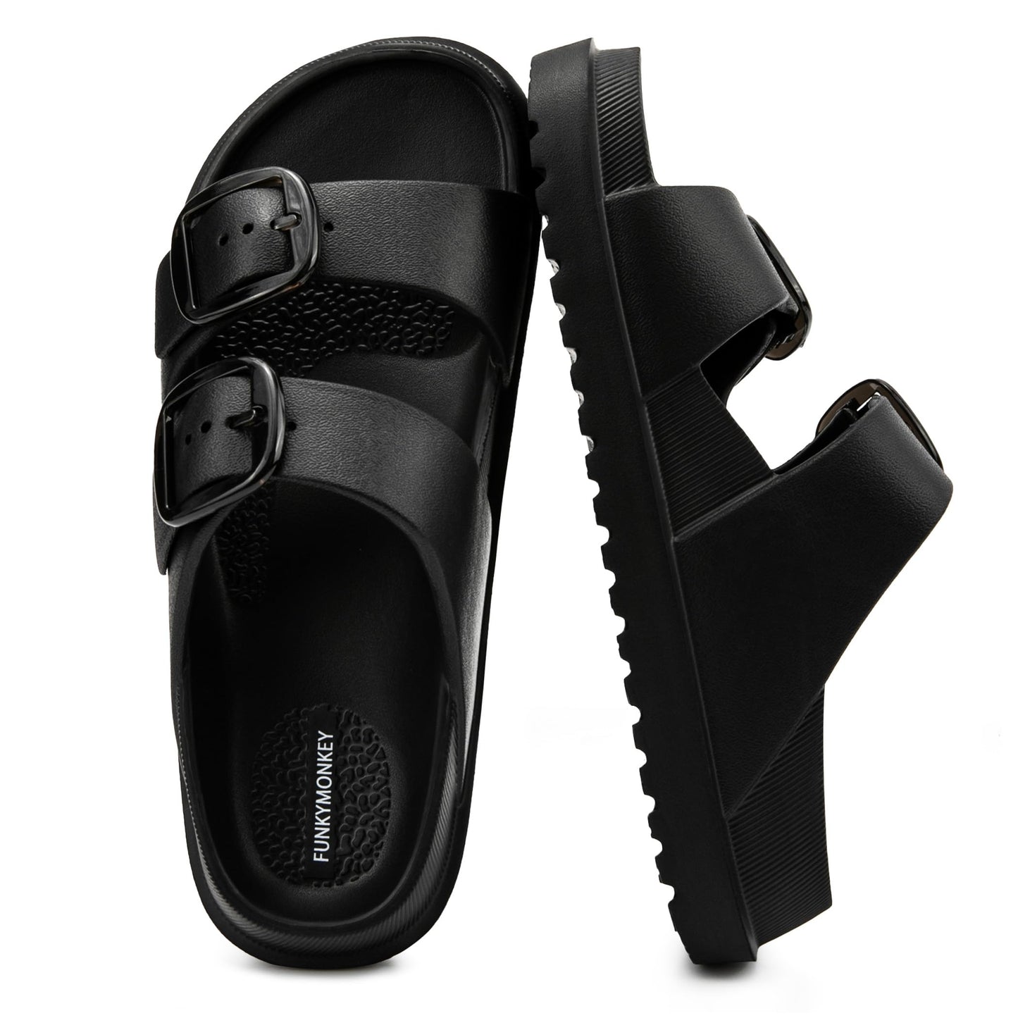 FUNKYMONKEY Women's Comfort Slides Non-Slip Lightweight Flat Beach Sandals | Adjustable Buckle Plastic Sandals with Arch Support, Waterproof Non-Slip Summer Slippers for Pool, Shower & Daily Wear
