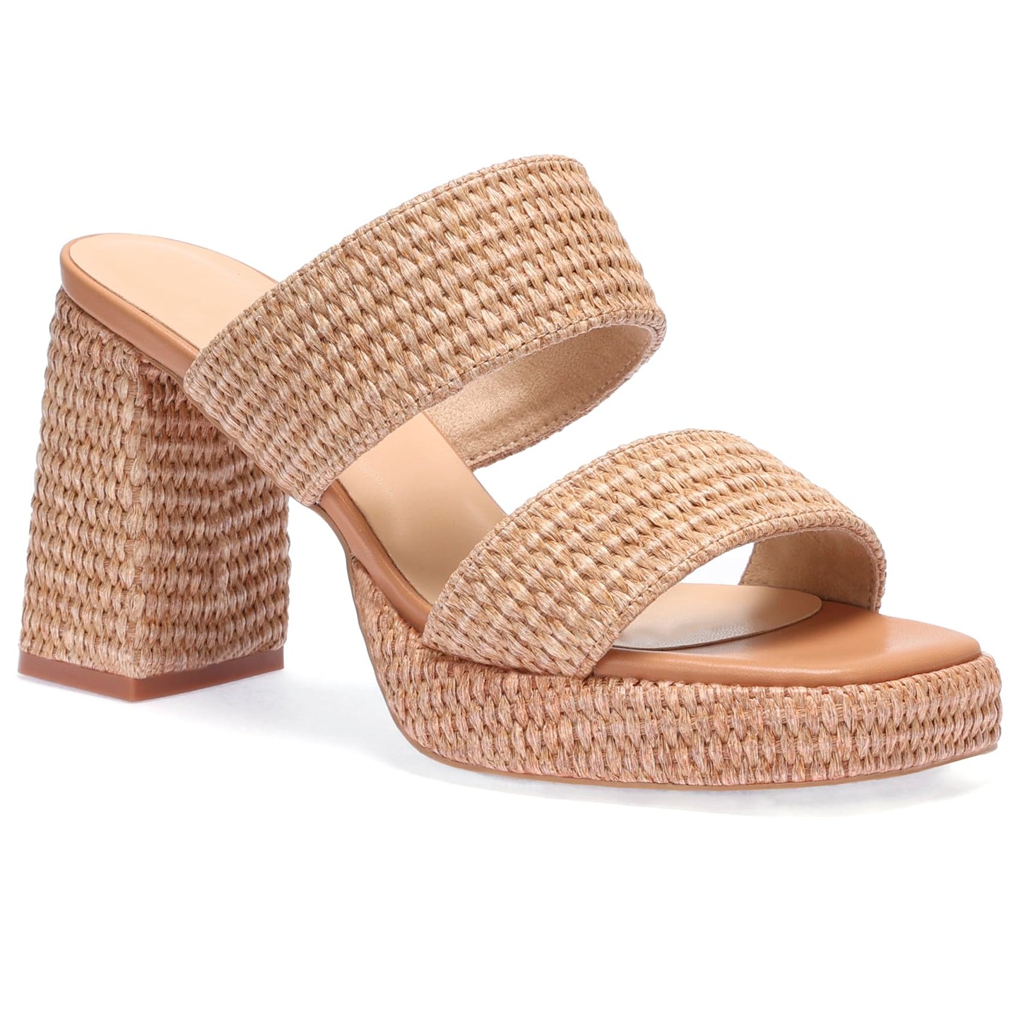 Women's Raffia Platform Heels Block Heeled Sandals Summer Beach Woven Chunky Slip On Casual Vacation
