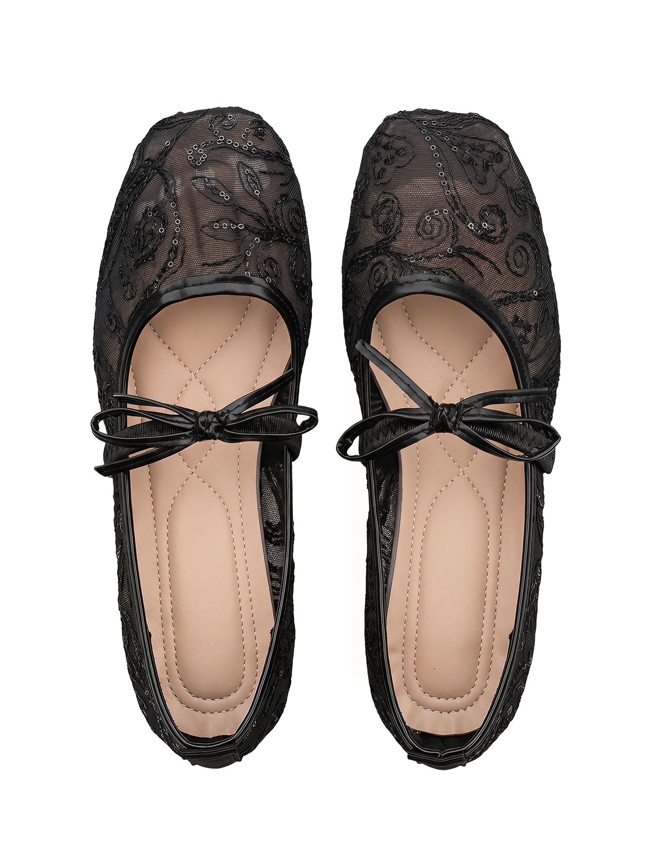 BEAUDRM Women's Polka Dots Mesh Ballet Flats Cute Lace Ballerina Flats | Closed Toe, Square Maryjane Flat, Dressy Casual Work Shoes, Leopard, Lace, Floral, Wedding