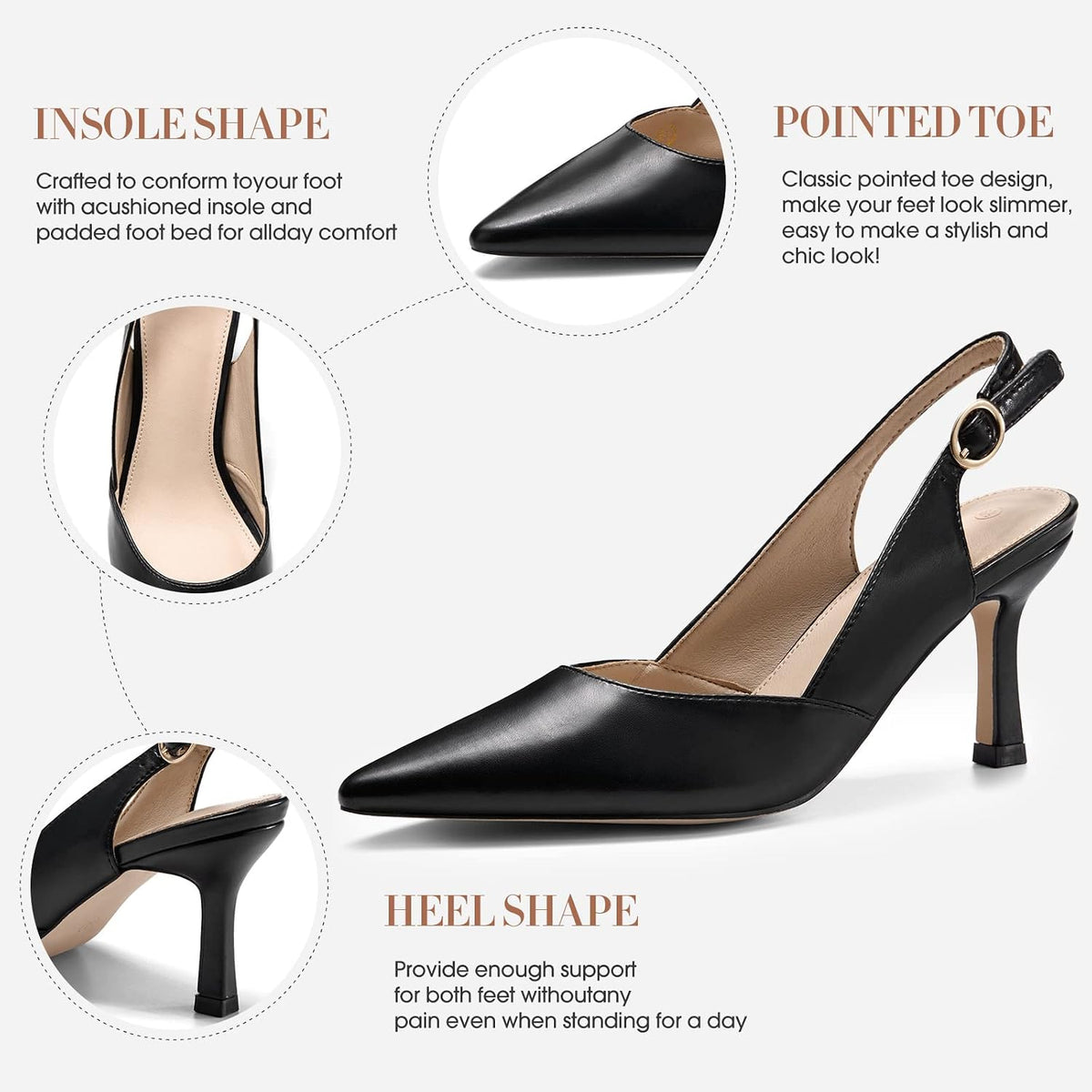 Rilista Women's Slingback Kitten Heels Closed Pointed Toe Backless Wedding Party Dress Pumps Shoes